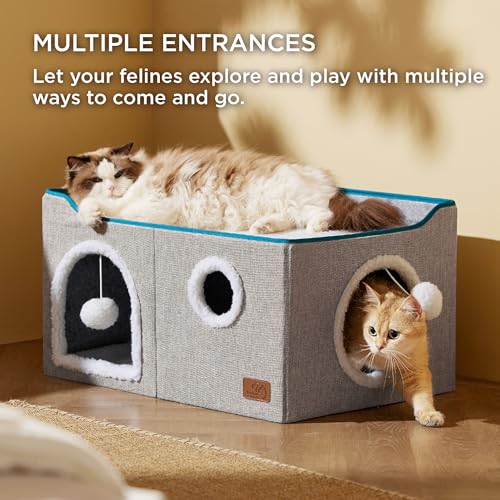 Extra Wide Cat House Bed with Fluffy Ball and Scratch Pad (Grey / Widen)