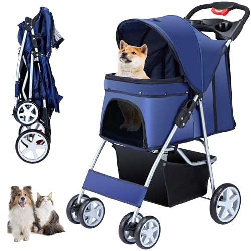 Foldable 4 Wheel Pet Stroller for Dogs Cats 10 (Navy Blue)