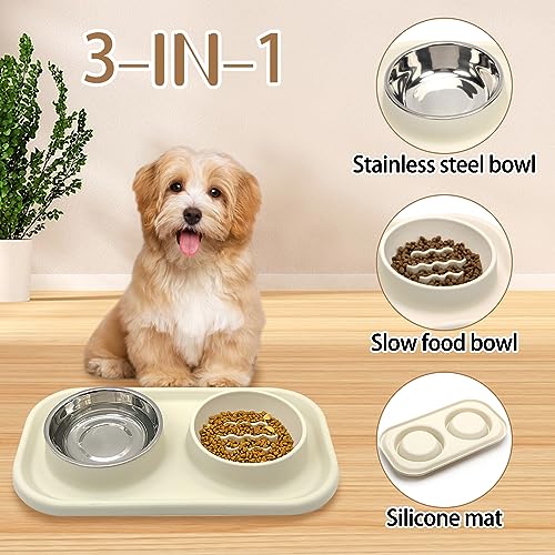 Dog Bowls Set with Feeding Mat Double Puppy Food and Water Bowl Grey (Grey)