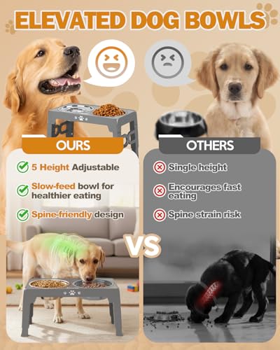 Elevated Dog Bowls for Medium Large Size Dogs (for Medium Large Dogs 1 Basic&1Slow Bowl / Grey)