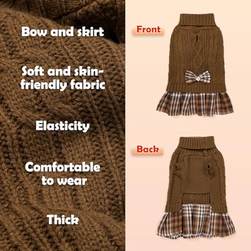 Small Dog Sweater Dress with Bowtie Turtleneck (Large (14-21lbs) / Brown)