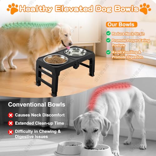 Elevated Dog Bowls for Large Dogs 5 Adjustable Heights 7.5" (Black / 10" for Large Dogs)