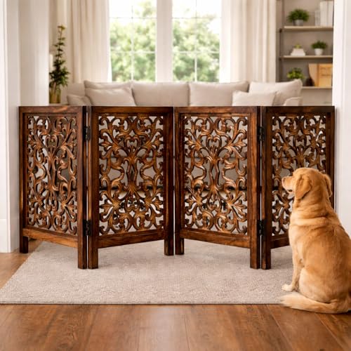 Freestanding Wood Pet Gate (Burnt / 72"x24" Leaf 4 Panels)