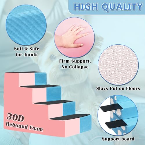 Pet Stairs for Small Dog Stairs for Sofa and Bed High Density Foam Stairs Pet Ladder with Removable Washable Cover Non (4 Steps Blue)