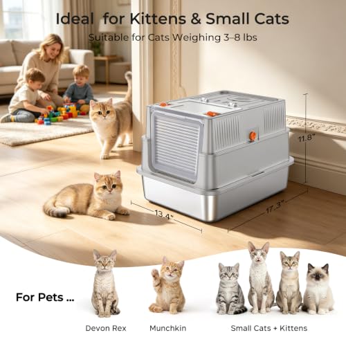 Small Stainless Steel Cat Litter Box with Lid for Kittens (Light Gray / Small)