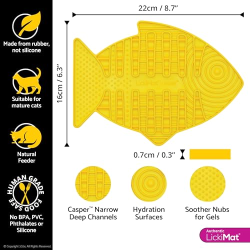 Casper, Fish-Shaped Cat Slow Feeders Lick Mat, Boredom Anxiety Reducer; Perfect for Food, Treats, Yogurt, or Peanut Butter. Fun Alternative to a Slow Feed Cat Bowl or Dish, Yellow (Yellow)