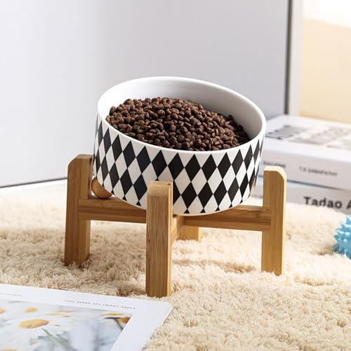 Raised Elevated 15°Slanted Ceramic Dog Bowl for Small Breeds (Black Rhombus / 1.7 CUPS - Puppy/Small Dogs & Cat Bowls)