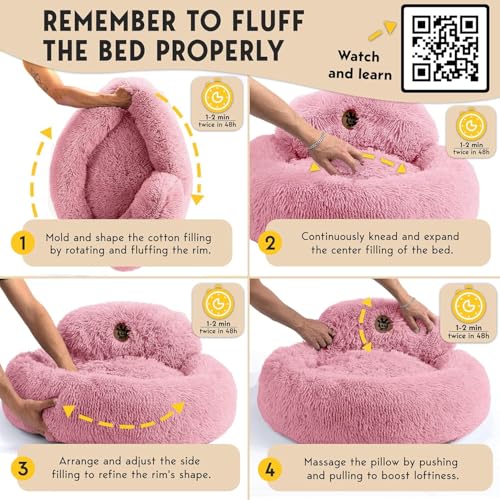 PetJett Calming Dog Bed for Small Dogs (Pink / Small - 23”L x 23”W x 8”Th)
