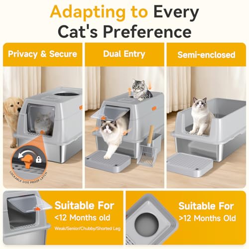XL Enclosed Stainless Steel Litter Box with Lid (Light Gray)