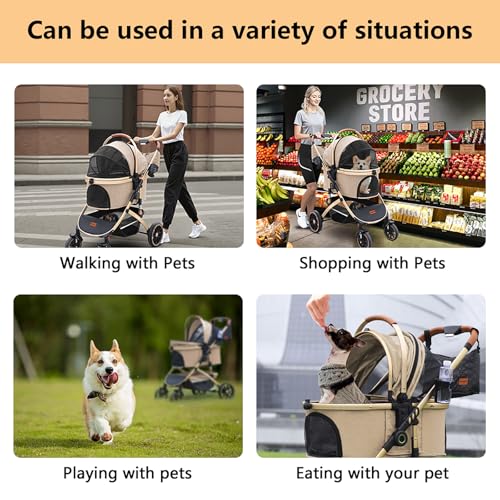 Dog Stroller with Removable Carrier Foldable Pet Stroller (Khaki)