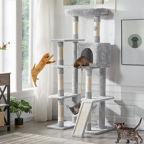 63in Sturdy Large Cat Tree for Indoor Heavy Cats (Light Gray / 63in)