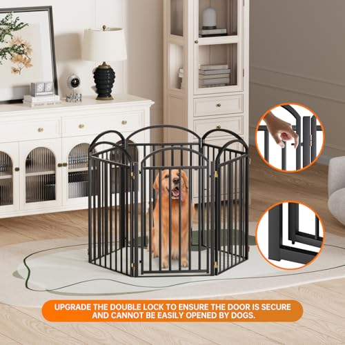 6 Panels Full Matel Freestanding Dog Gates with Door (【6 Panels with Door】144"W*36H" / Black)