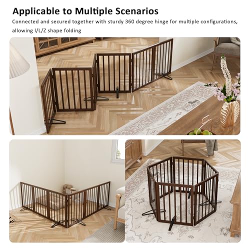 Wooden Dog Gate Freestanding Foldable 6 Panel Pet Gates Extra Wide Dog Gates for Indoor Doorways Stairs 24in Height Support Feet Included (Dark Brown / 6 Panel - 110 inches Wide)