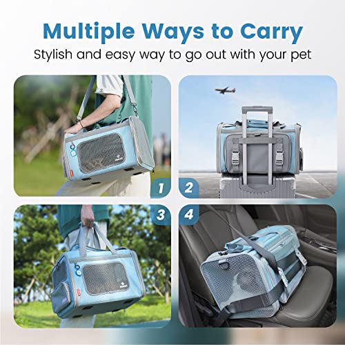 Cat Carrier Airline Approved Expandable Breathable Safety Leash (Light Grey and Sky Blue)