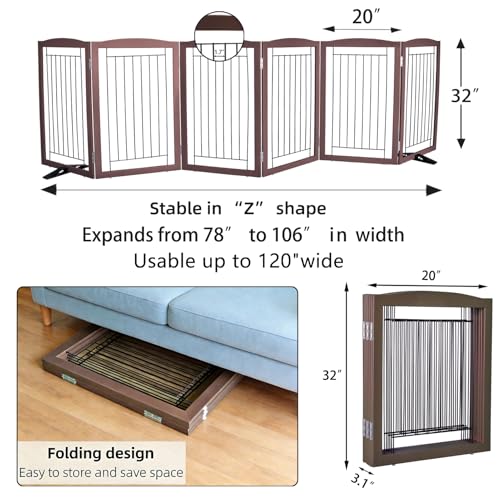 Freestanding Dog Fence Indoor (Brown / 【6 Panels】120''w x 32''h)