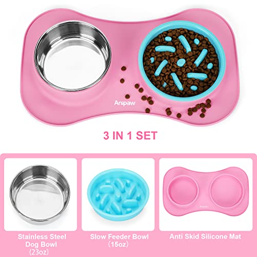 Slow Feeder Dog Bowls 3 in 1 Stainless Steel Food Water Bowl to Slow Eating (Small ＆ Medium Breed / Pink)