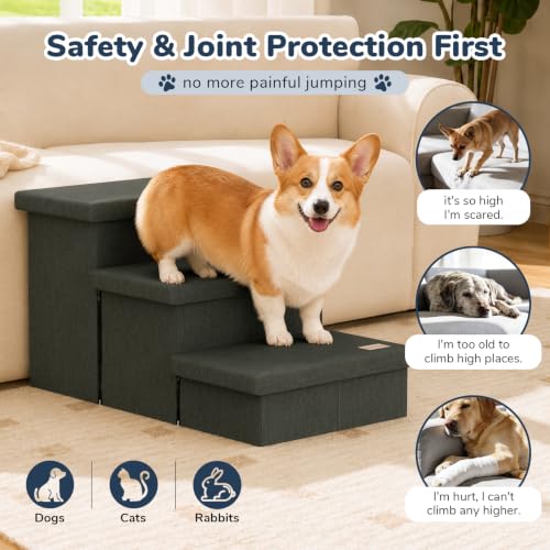 3 Step Wide Dog Stairs with Hidden Storage 18" H (Grey Green / 30"D x 17"W x 17.7"H)