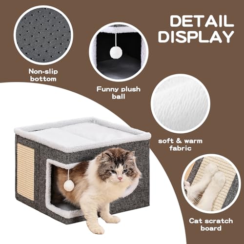 Large Cat Houses for Indoor Cats with Fluffy Ball and Scratch Pad (SingleA / Large)