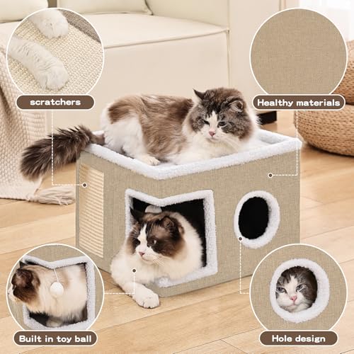 Large Cat Houses for Indoor Cats with Fluffy Ball and Scratch Pad (SingleAK / Large)