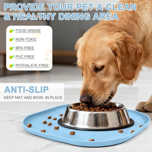 Waterproof Silicone Pet Food Mat with Raised Edge for Dog & Cat (Light Blue / 12"L x 12"W)