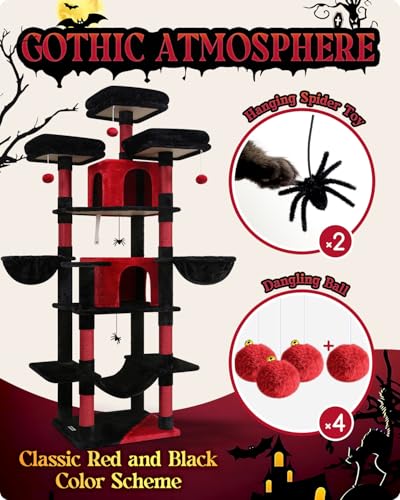 Big XXL Gothic Cat Tower for Indoor Multiple Cats (Black Red / 80inch)