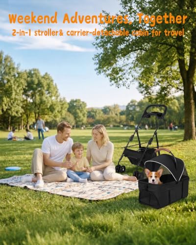 Pet Stroller 3 in1 Foldable Dog Cat Stroller with Detachable Carrier (BLACK)