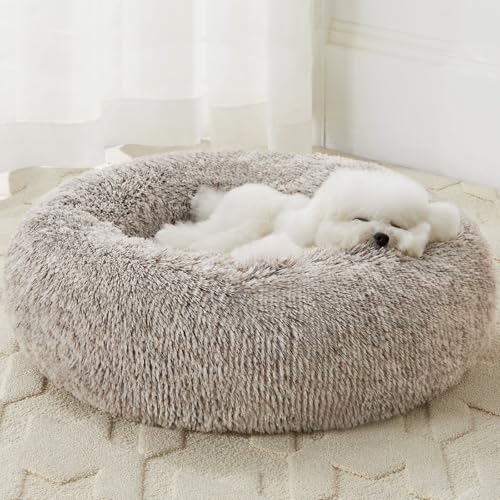 Medium Round Calming Dog Bed Cat Bed for Comfy Sleep (30"L x 30"W x 10"Th / Light coffee)
