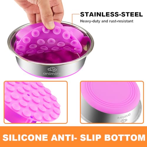 2-in-1 Metal Dog Bowl with Slow Feeder Insert, Stainless Steel Dog Bowls Food Grade 304, Water Food Bowl with Anti-Slip Silicone Base for Small, Medium, Large Dogs (5 Cups / Purple)