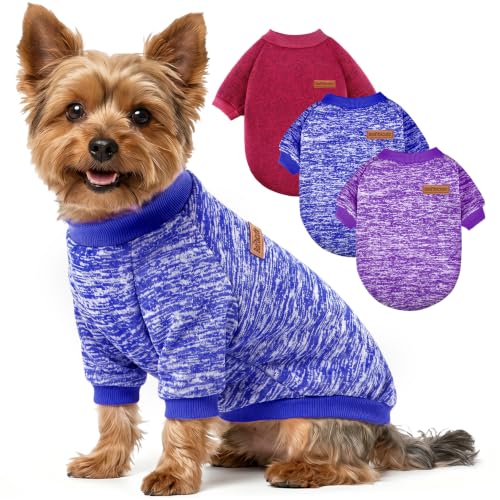 3 Pack Dog Sweaters for Small Dogs Girl Boy Winter Fleece Clothes Warm Soft Dog Sweatshirt Outfit for Dogs Cats Pet Apparel (Purple+ Wine Red+Dark Blue / XXS (Back: 7.8", Chest: 11.8", 2.2-3.5 lbs))