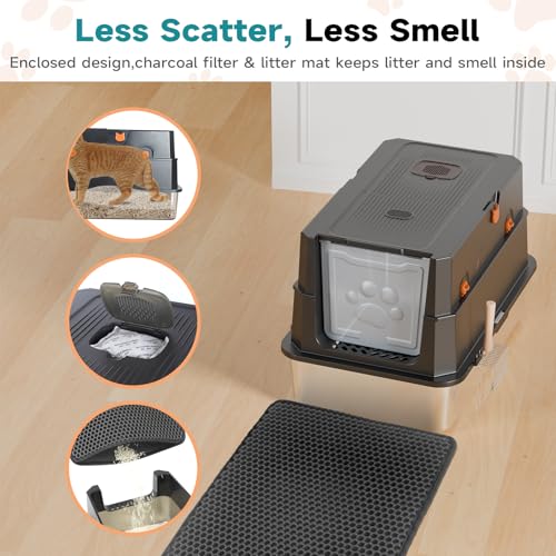 TENTIZON Stainless Steel Cat Litter Box with Lid (Black)