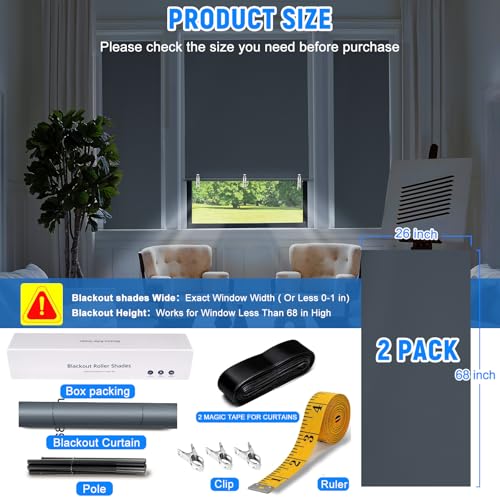 2Pack Blackout Roller Shades (Grey / 26"W×68"H(2 Pack))