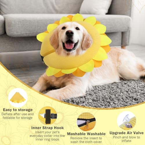 Inflatable Dog Cone Collar Alternative After Surgery (Yellow Sunflower / L(Neck 16"-18"))