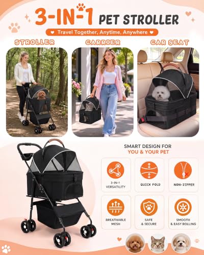 Pet Stroller 3 in1 Foldable Dog Cat Stroller with Detachable Carrier (BLACK)