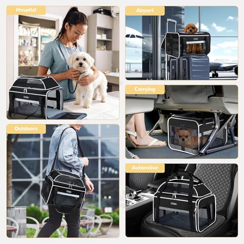 Top Expandable Pet Carrier 18x13x9.5 Inch Southwest Frontier Airline Approved Soft Sided Underseat to 15lbs Travel Carriers for Small Cats Dogs with Locking Safety Zippers Anti (Black)