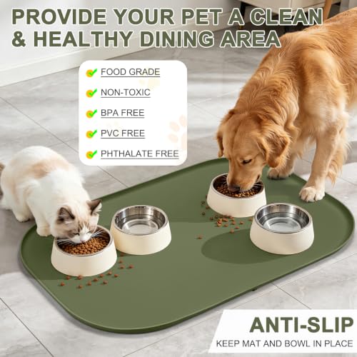 Waterproof Silicone Pet Food Mat with Raised Edge for Dog & Cat (Light Olive Green / 36"L x 24"W)