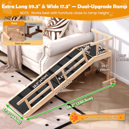 59" Wooden Dog Ramp with Platform & Wheels Gentle Slope Non (L-59"L×17"W×20"H)