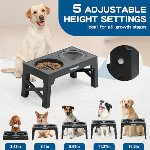 2-in-1 Elevated Slow Feeder Dog Bowls for Food and Water, 5 Heights Adjustable Raised Dog Bowls, Non-Slip, No Spill, for Small Medium Large Dogs and Cats(Grey) (Grey)