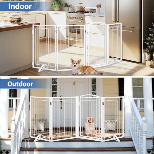 Full Metal Freestanding Dog Gate with Cat Door for Indoor & Outdoor (White / 【4 Panels with Door】80"W×32"H)