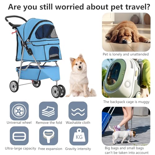 3 Wheel Foldable Pet Stroller (Blue / 3 Wheels)