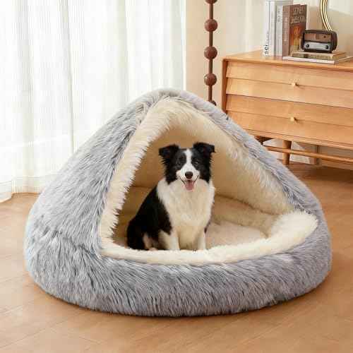 Round Plush Fluffy Hooded Cat Bed Cave (30.0"L x 30.0"W x 6.5"Th / coffee)