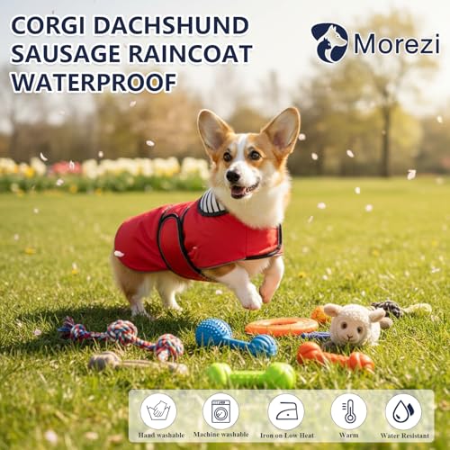 Dog Raincoat Corgi rain Coat pet Waterproof Jacket fit for Corgi Weiner Wide Body Long Back Breeds with Reflective Stripe Great Coverage red M (Medium / Red)