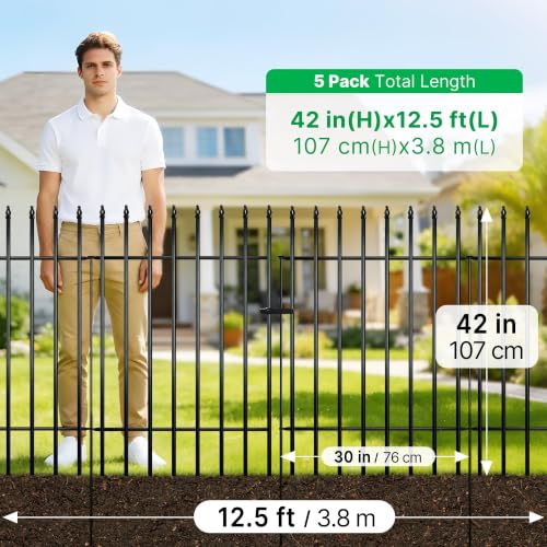 42" H x 12.5 Ft Metal Garden Fence with Gate (Black / 42″ H x 12.5 ft (4 Panels + 1 Gate))