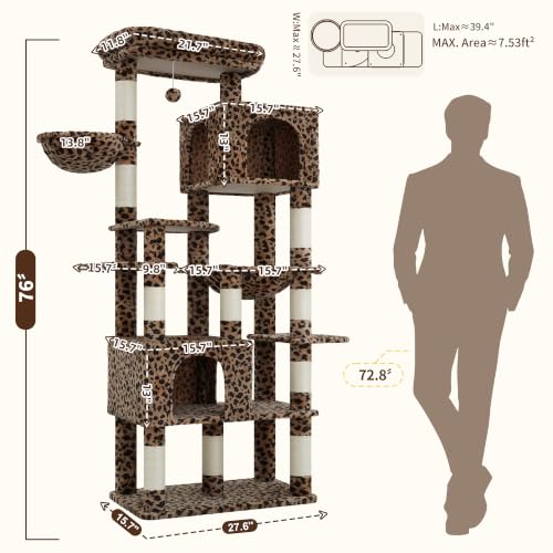 Cat Tree, 76-Inch Tall Heavy Duty Cat Tower for Big Cats HCT039BW (Leopard Print / 76.8 inch)