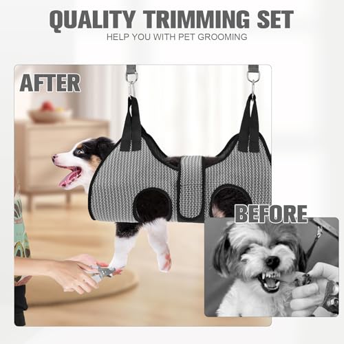 Dog Grooming Hammock Harness for Dogs & Cats with Pet Nail Clipper Trimmer (XS / Grey)