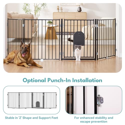Freestanding Dog Gate with Cat Door for Indoor & Outdoor (Black / 【4 Panels with Cat Door】30''Tall, 104" Wide)