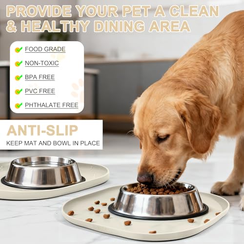 Waterproof Silicone Pet Food Mat with Raised Edge for Dog & Cat (12"L x 12"W / White Sand)