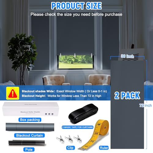 2Pack Blackout Roller Shades (Grey / 36"W×72"H(2 Pack))