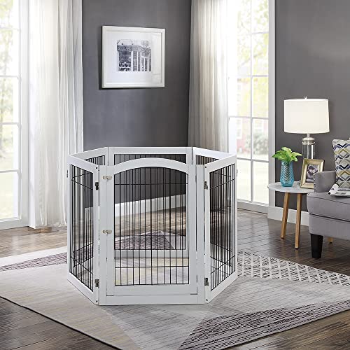 144" Extra Wide Dog Gate and Pet Playpen with Walk Through Door (White / 144"W×31.5"H)
