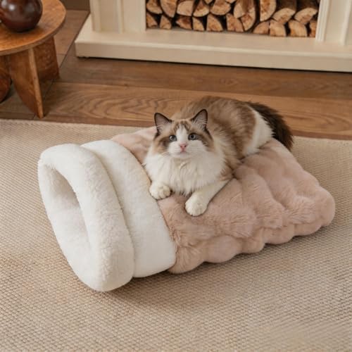 3 in 1 Semi Enclosed Self Warming Burrow Cat Bed Sleeping Cave (Style- Camel)