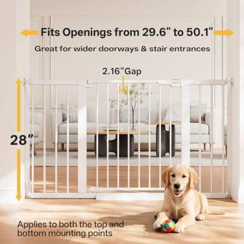 29.6 50.1 in Extra Wide Baby Gate for Stairs and Doorways (White / 29.6-50.1"W x 28"H)